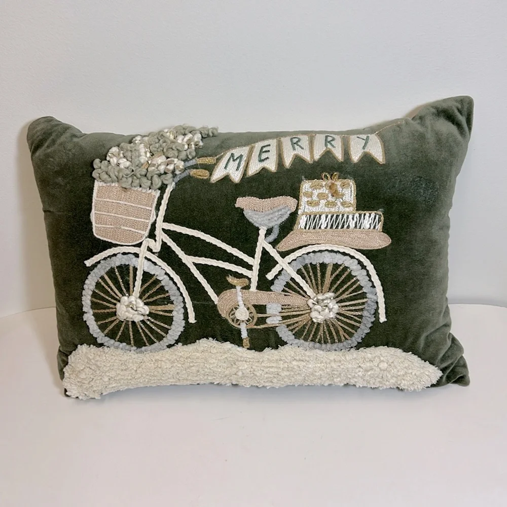 Green Velvet Merry Christmas Embroidered‎ Pillow Gift Bike Metallic Floral